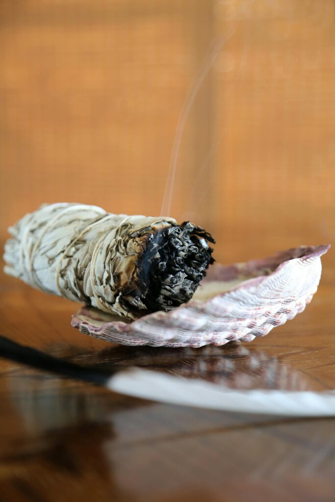 sage bundle burning in an abalone shell - Photo by Courtney Kolander: https://www.pexels.com/photo/burning-white-sage-smudge-stick-on-table-shell-feather-spiritual-energy-cleansing-ritual-26866443/